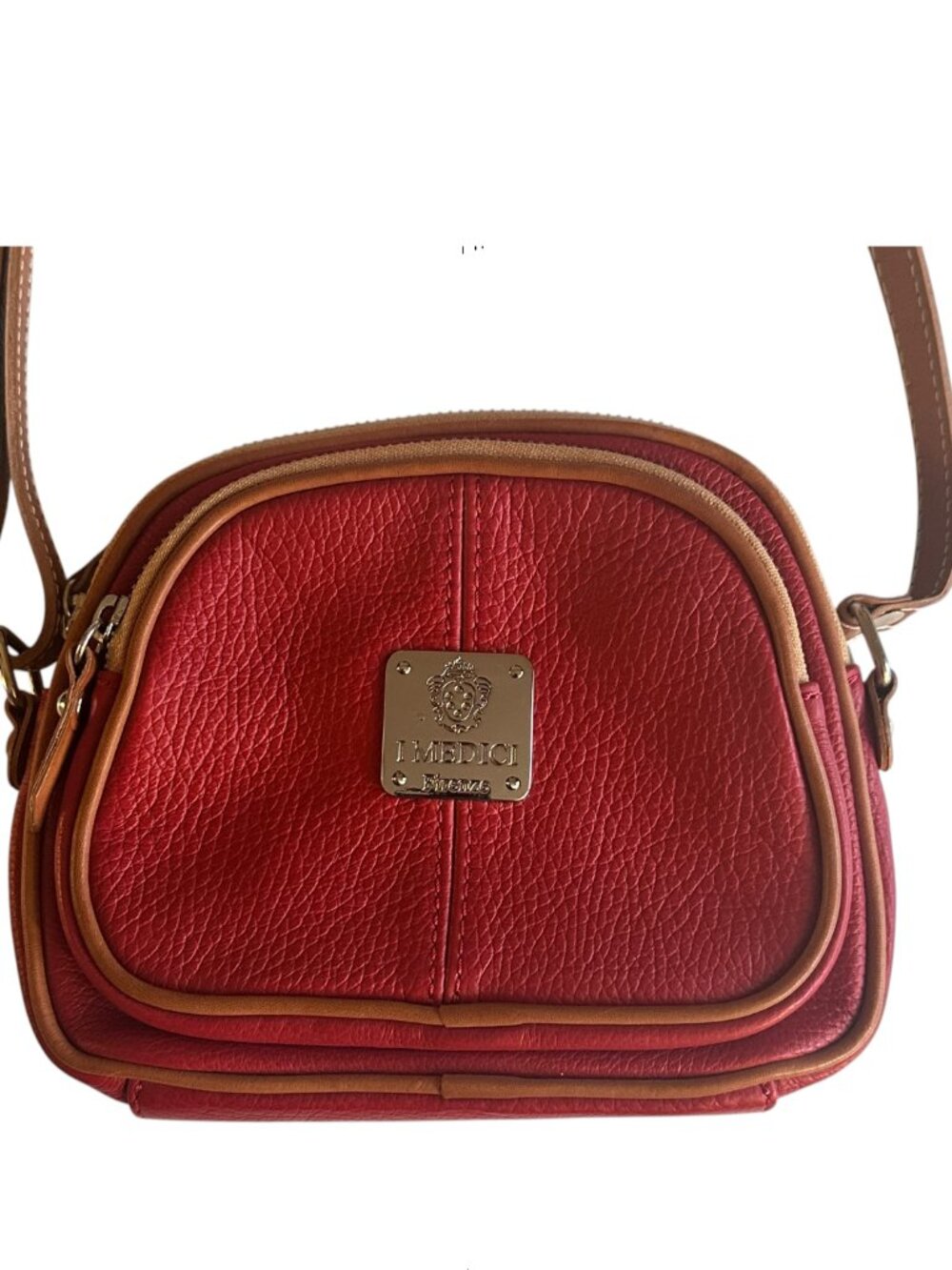 I Medici Firenza Crossbody Bag Red Pebbled Leather Brown Trim Purse Handbag VTG